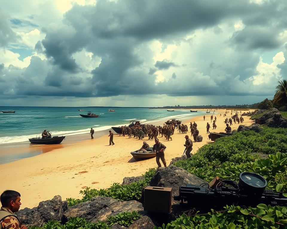 A historical depiction of the Bay of Pigs Invasion, April 1961. In the foreground, rugged Cuban coastline with lush greenery, showing the landing site where small military boats are approaching the beach, carrying armed soldiers in professional camouflage uniforms. In the middle ground, chaotic scenes of soldiers disembarking from boats onto the sandy shore, with realistic details such as expressions of determination and urgency. The background features a dramatic sky, filled with ominous clouds, hinting at the tensions of the moment. The lighting is natural, capturing the afternoon sun breaking through, creating a stark contrast between light and shadow. The atmosphere is tense and dramatic, evoking a sense of historical significance and urgency without any modern elements.