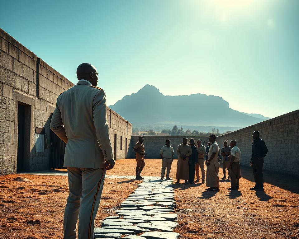A historical representation of a warden at Robben Island, standing in a sunlit prison yard. The warden, a middle-aged Black man in a crisp, light-colored uniform, is observing the stark concrete prison walls adorned with muted colors. In the foreground, a weathered stone path leads to the prison building. In the middle ground, a group of prisoners in simple, modest clothing are engaged in a conversation, their expressions reflecting a mix of resilience and weariness. In the background, the iconic Table Mountain looms under a clear blue sky, symbolizing freedom beyond the prison gates. The lighting is warm and inviting, casting long shadows that emphasize the mood of both confinement and hope. The overall atmosphere is reflective and somber, capturing the complexities of power and morality.