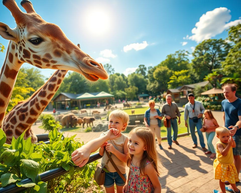 A lively and engaging zoo scene featuring families enjoying their day, with children observing various animals up close. In the foreground, a young child excitedly points at a majestic giraffe munching leaves. In the middle ground, diverse groups of parents and children are admiring playful monkeys and colorful tropical birds, creating a sense of wonder and joy. The background showcases a sprawling zoo environment with lush greenery and well-maintained habitats, under a bright blue sky with soft, warm sunlight illuminating the scene. The overall atmosphere is cheerful and vibrant, capturing the essence of family outings and animal encounters. The image should be in high resolution with a wide-angle perspective to emphasize the dynamic interactions among families and wildlife.