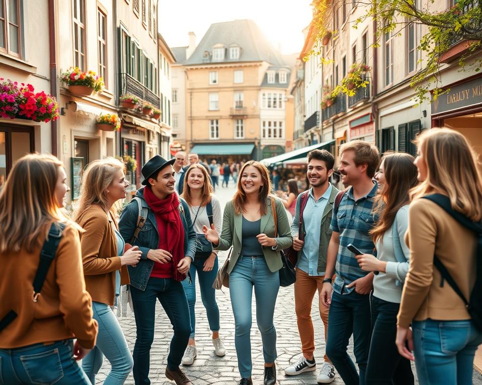 A lively group of diverse single travelers exploring a picturesque European street, showcasing camaraderie and adventure. In the foreground, a small circle of friends, dressed in smart casual clothing, engaged in a lively discussion, their expressions filled with joy and excitement. In the middle ground, charming historic buildings adorned with colorful flowers, and a cobblestone pathway leading to a bustling local market. The background features soft, golden sunlight filtering through tree branches, creating a warm and inviting atmosphere. Capture this scene with a slight tilt-shift effect to emphasize the group's interaction while gently blurring the background, evoking a sense of connection and the joys of group travel for solo adventurers.