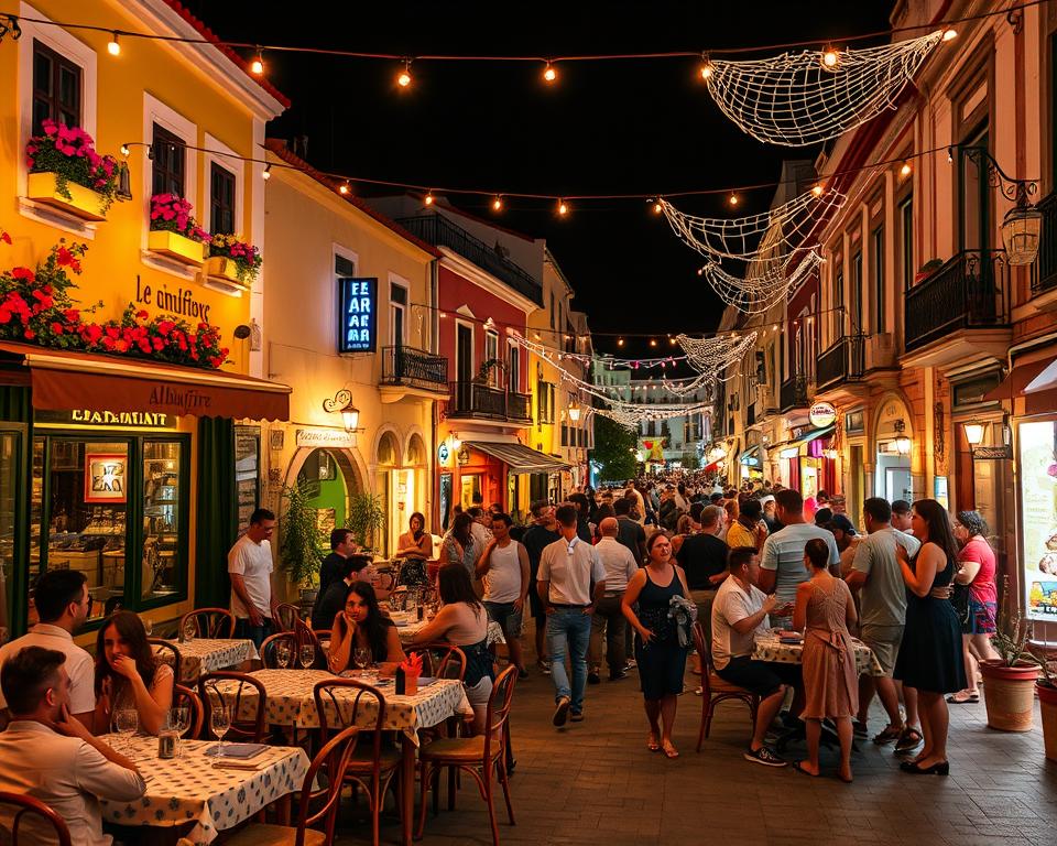 A lively night scene capturing the vibrant nightlife of Albufeira's old town, showcasing bustling restaurants and bars filled with patrons enjoying their evening. In the foreground, a quaint outdoor dining area lit by warm string lights, with tables set for dining and people in modest casual clothing engaged in conversations. The middle ground features colorful façades of historic buildings adorned with flowers, while inviting bar signs glow softly. In the background, a lively street filled with people, art installations, and twinkling lights above, creating a cheerful atmosphere. The lighting is warm and inviting, emulating a magical Mediterranean evening. A wide-angle lens captures the energetic ambiance and the charm of the Albufeira nightlife scene.