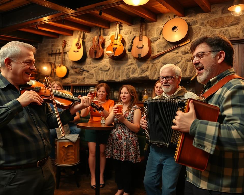 A lively scene capturing the essence of Irish music in a traditional pub setting, with musicians playing a fiddle, accordion, and tin whistle in the foreground. The musicians, dressed in modest casual clothing, are deeply engaged in their performance, their faces expressing joy and passion. In the middle ground, patrons are enjoying the music, raising glasses of Celtic ale, and tapping their feet to the rhythm. The background features rustic wooden beams, stone walls adorned with vintage musical instruments, and warm, dim lighting that creates an inviting atmosphere. The overall mood is festive and communal, reflecting the cultural richness of Connemara. A wide-angle perspective enhances the depth of the scene, inviting viewers to feel as if they are part of this vibrant experience.