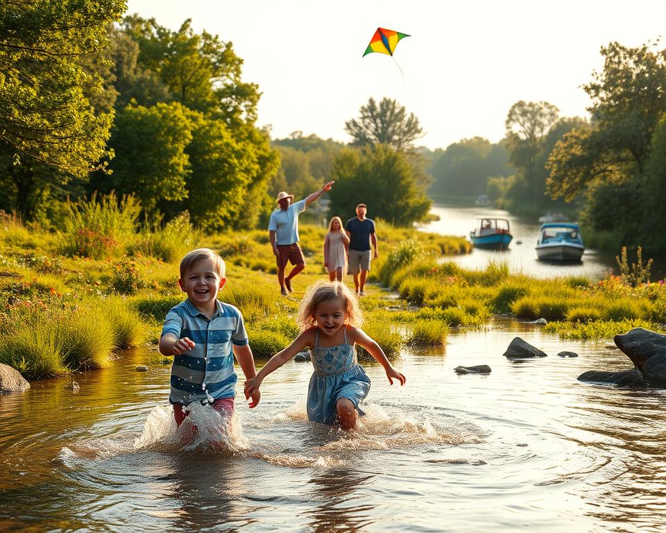 A lively scene in De Biesbosch National Park capturing a family outing with children. In the foreground, two children, a boy and a girl, playfully splash in a shallow river, laughter evident on their faces. The middle ground features a family exploring the lush greenery, with parents holding hands and pointing towards a colorful kite flying above. Surrounding them are diverse trees and vibrant wildflowers, creating a natural playground atmosphere. In the background, serene waterways glisten under the soft golden sunlight, with a few boats gently floating. The scene is bathed in warm, inviting light, conveying a joyful and adventurous mood. The perspective is slightly elevated, offering an expansive view of the family engaging with nature, perfect for illustrating a fun day out with children in this beautiful national park.