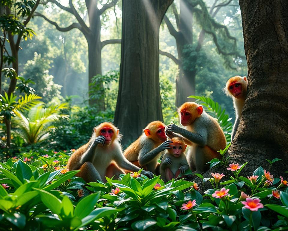 A lively scene in the Sangeh Monkey Forest featuring playful macaques interacting with each other among lush greenery. In the foreground, a group of macaques is engaged in grooming behavior, highlighting their social interactions, while a curious juvenile monkey peers out from behind a tree. The middle ground includes dense tropical foliage and vibrant flowers, creating a rich, natural habitat. The background showcases tall, ancient trees that filter soft, dappled sunlight, casting gentle shadows on the forest floor. A calming, serene atmosphere prevails, with rays of sunlight illuminating the monkeys and enhancing their expressive features. The image is captured from a slightly elevated angle, providing an immersive view of the fascinating social dynamics of the monkeys within their forest home. A lively scene in the Sangeh Monkey Forest featuring playful macaques interacting with each other among lush greenery. In the foreground, a group of macaques is engaged in grooming behavior, highlighting their social interactions, while a curious juvenile monkey peers out from behind a tree. The middle ground includes dense tropical foliage and vibrant flowers, creating a rich, natural habitat. The background showcases tall, ancient trees that filter soft, dappled sunlight, casting gentle shadows on the forest floor. A calming, serene atmosphere prevails, with rays of sunlight illuminating the monkeys and enhancing their expressive features. The image is captured from a slightly elevated angle, providing an immersive view of the fascinating social dynamics of the monkeys within their forest home.