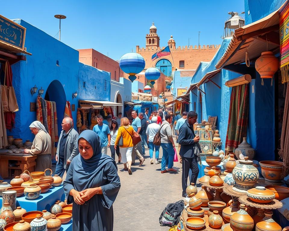 A lively scene in the bustling souks of Chefchaouen, Morocco, filled with vibrant blue buildings and an array of colorful handicrafts. In the foreground, a local artisan wearing modest, traditional attire displays handmade pottery and woven textiles, showcasing intricate designs. The middle ground features a lively market atmosphere, with shoppers browsing various stalls and engaging in friendly conversation. In the background, the iconic blue-washed walls of Chefchaouen rise against a clear blue sky, enhancing the enchanting feel of the city. Soft, warm lighting adds a welcoming glow, while the composition is captured with a slight upward angle, creating a sense of depth and immersion. The mood is vibrant and inviting, illustrating the charm of shopping in this unique Moroccan destination.