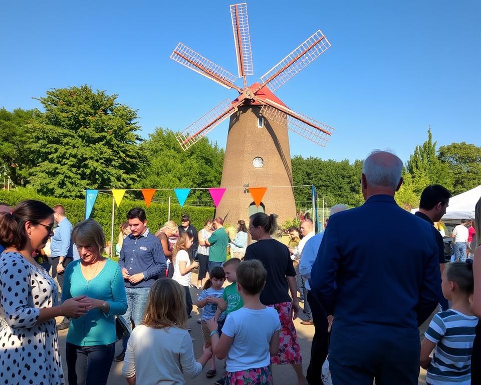 A lively scene showcasing a traditional windmill at the Mühlenmuseum Gifhorn during a special event. In the foreground, families interact and enjoy various activities, with children participating in hands-on workshops and adults engaging with museum staff in professional attire. The middle ground features the windmill surrounded by colorful banners and decorations, hinting at ongoing events. The background reveals lush greenery and clear blue skies, emanating a bright and welcoming atmosphere. The lighting is warm and inviting, reminiscent of a sunny day, creating a cheerful mood. Capture this scene with a slightly elevated angle to include the dynamic interactions of visitors while emphasizing the iconic windmill, conveying the essence of experiencing museum events firsthand.