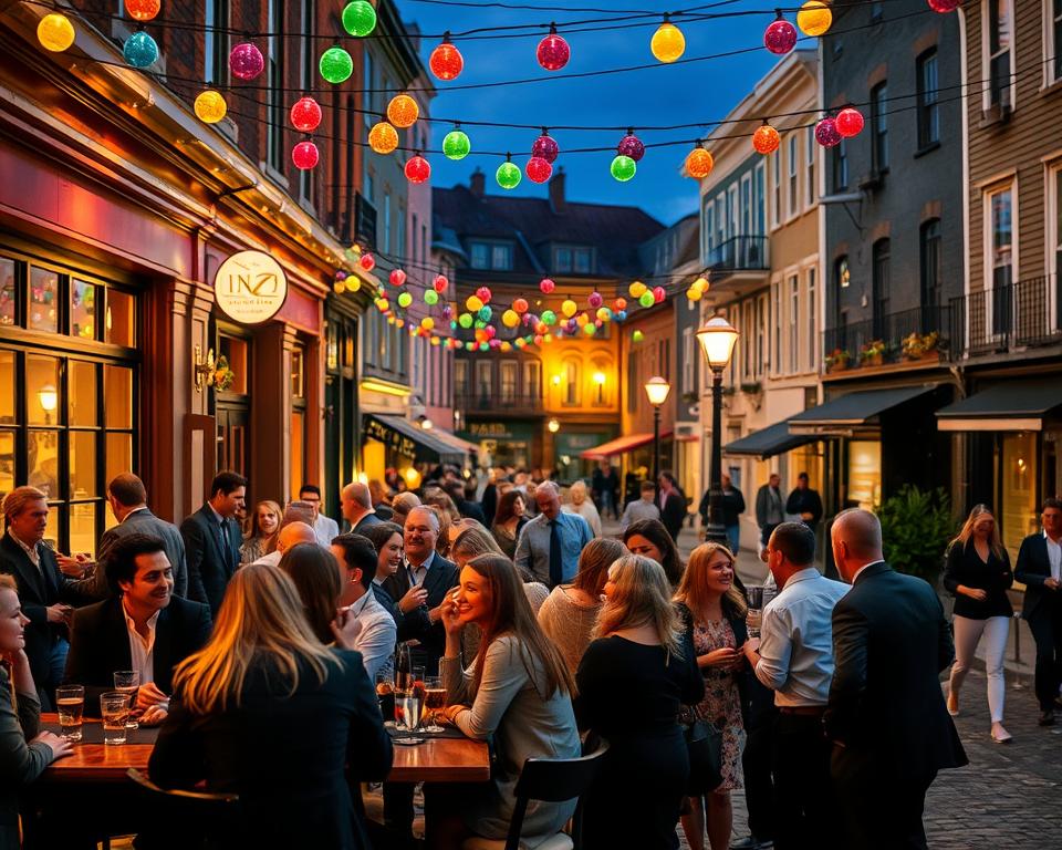 A lively street scene showcasing the vibrant nightlife in St. John's, Newfoundland. Foreground: a bustling outdoor bar with patrons in professional business attire enjoying drinks, laughter, and camaraderie. Middle: colorful string lights hanging above, illuminating tables and a local musicians’ performance, creating an inviting atmosphere. Background: charming historic buildings with warm light spilling from windows, cobblestone streets glistening under the soft glow of street lamps. Capture a sense of community and joy, emphasizing the warm ambiance of the evening. Use a shallow depth of field to focus on the engaging interactions at the bar while allowing the city’s unique architecture to softly fade in the background. The mood should be celebratory and inviting, reflecting a sense of excitement and warmth in the heart of St. John's at night.
