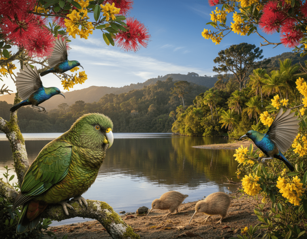 A lush New Zealand landscape teeming with vibrant birds. In the foreground, a colorful Kākāpō parrot perched on a branch, showcasing its bright green feathers and distinctive beak. Nearby, a group of Tūī birds with their iridescent plumage and characteristic white throat pouches are flitting around native flowers. In the middle ground, a serene lake reflects the blue sky and surrounding hills, where you can see Kiwi birds foraging on the shore. The background features rolling hills dotted with native trees, bathed in warm, golden sunlight during the golden hour, enhancing the tranquil atmosphere. The overall mood is peaceful and enchanting, reflecting the diversity of New Zealand’s avian life in a natural habitat.