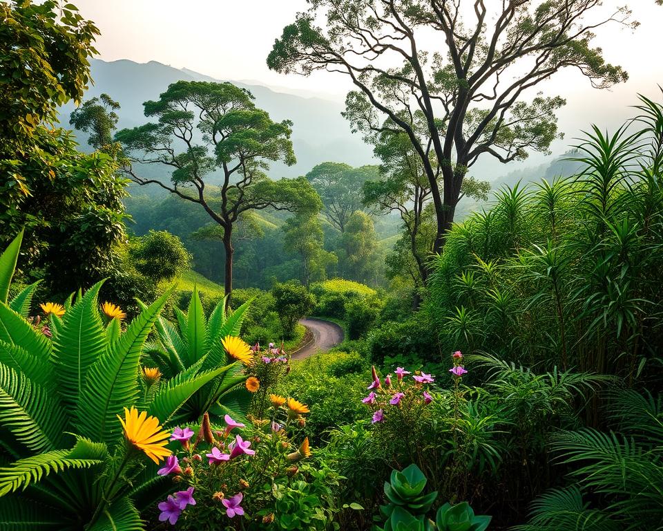 A lush and vibrant representation of "Flora Khao Yai," showcasing the diverse vegetation of Khao Yai National Park in Thailand. In the foreground, depict a variety of tropical plants, including large green ferns, colorful wildflowers in shades of purple and yellow, and towering trees with broad canopies. The middle ground should feature a serene, winding path bordered by dense underbrush and clusters of bamboo. In the background, illustrate the rolling hills of the national park, partially obscured by a gentle morning mist. The lighting should be soft and diffused, creating a calm, early morning atmosphere. Use a slightly elevated angle to capture the depth and richness of the landscape, emphasizing the natural beauty and tranquility of Khao Yai. A lush and vibrant representation of "Flora Khao Yai," showcasing the diverse vegetation of Khao Yai National Park in Thailand. In the foreground, depict a variety of tropical plants, including large green ferns, colorful wildflowers in shades of purple and yellow, and towering trees with broad canopies. The middle ground should feature a serene, winding path bordered by dense underbrush and clusters of bamboo. In the background, illustrate the rolling hills of the national park, partially obscured by a gentle morning mist. The lighting should be soft and diffused, creating a calm, early morning atmosphere. Use a slightly elevated angle to capture the depth and richness of the landscape, emphasizing the natural beauty and tranquility of Khao Yai.