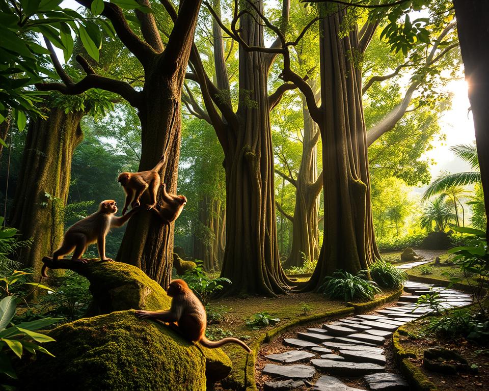 A lush and vibrant scene depicting the Sangeh Monkey Forest in Bali, showcasing dense tropical greenery and towering sacred trees. In the foreground, playful long-tailed macaques are interacting with each other, swinging from branches and climbing on the textured bark of ancient trees. The middle ground features a winding path lined with moss-covered stones, inviting exploration. The background reveals a canopy of lush foliage, filtered sunlight casting soft beams through the leaves, creating a serene and enchanting atmosphere. The image is set in the morning light, with a warm and inviting color palette of greens and browns, evoking a sense of tranquility and wonder in this natural sanctuary. Aim for a wide-angle view that captures the essence of the forest, emphasizing its beauty and vibrancy. A lush and vibrant scene depicting the Sangeh Monkey Forest in Bali, showcasing dense tropical greenery and towering sacred trees. In the foreground, playful long-tailed macaques are interacting with each other, swinging from branches and climbing on the textured bark of ancient trees. The middle ground features a winding path lined with moss-covered stones, inviting exploration. The background reveals a canopy of lush foliage, filtered sunlight casting soft beams through the leaves, creating a serene and enchanting atmosphere. The image is set in the morning light, with a warm and inviting color palette of greens and browns, evoking a sense of tranquility and wonder in this natural sanctuary. Aim for a wide-angle view that captures the essence of the forest, emphasizing its beauty and vibrancy.