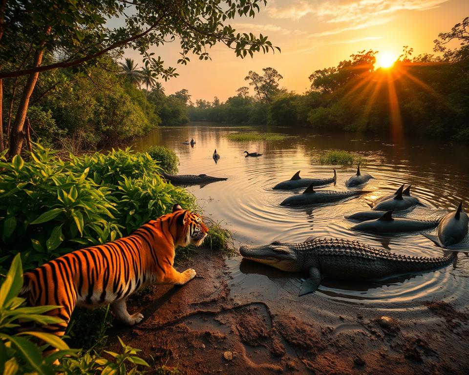 A lush and vibrant scene depicting the diverse wildlife of the Sundarbans mangrove forests. In the foreground, a majestic Bengal tiger prowls through dense greenery, its orange and black stripes contrasting with the vivid greens of the underbrush. Nearby, a large saltwater crocodile basks on a muddy bank, its textured skin glistening under dappled sunlight. In the middle ground, a playful pod of river dolphins surfaces in the shallow waters, creating ripples that reflect the golden light of a sunset. The background features dense mangrove trees silhouetted against a colorful sky, with hints of distant wildlife hidden among the foliage. The atmosphere is serene yet teeming with life, captured in warm, soft lighting, simulating a wide-angle lens perspective that emphasizes the natural beauty of this unique ecosystem.
