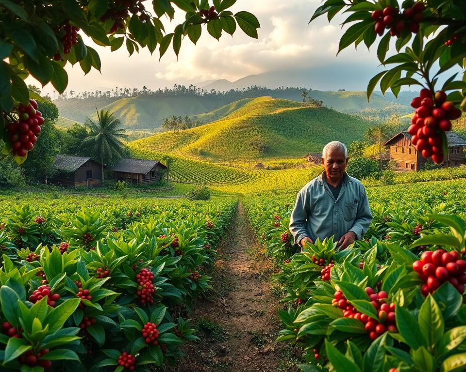 A lush coffee plantation in Sumatra, showcasing rows of vibrant green coffee plants laden with bright red coffee cherries. In the foreground, a farmer in modest casual clothing tends to the plants under dappled sunlight, emphasizing the connection between the land and its caretakers. The middle layer features verdant hills rolling into the distance, with occasional glimpses of traditional wooden houses and palm trees, contributing to the rich cultural landscape. The background captures a misty mountain range shrouded in soft clouds, hinting at the region's elevation and climate essential for coffee cultivation. The overall mood is warm and inviting, with golden-hour lighting casting a gentle glow over the scene, encapsulating the essence of coffee farming in Sumatra. A lush coffee plantation in Sumatra, showcasing rows of vibrant green coffee plants laden with bright red coffee cherries. In the foreground, a farmer in modest casual clothing tends to the plants under dappled sunlight, emphasizing the connection between the land and its caretakers. The middle layer features verdant hills rolling into the distance, with occasional glimpses of traditional wooden houses and palm trees, contributing to the rich cultural landscape. The background captures a misty mountain range shrouded in soft clouds, hinting at the region's elevation and climate essential for coffee cultivation. The overall mood is warm and inviting, with golden-hour lighting casting a gentle glow over the scene, encapsulating the essence of coffee farming in Sumatra.
