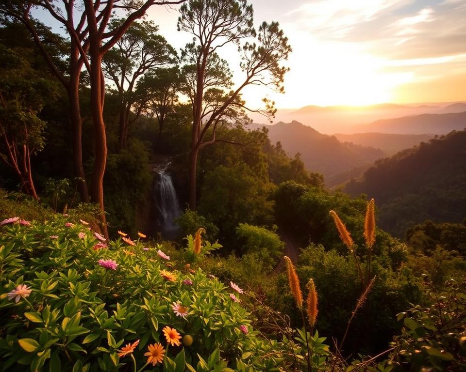 A lush landscape of Khao Yai National Park in Thailand during the golden hour. In the foreground, vibrant green foliage with wildflowers appearing in splashes of color. The middle ground showcases a gently winding trail leading to a vibrant waterfall, surrounded by rich, dense jungle. Tall trees create a natural canopy, filtering warm sunlight that casts soft shadows. In the background, rolling hills fade into a mist, with the sky painted in hues of orange and pink from a setting sun. The atmosphere is tranquil and inviting, capturing the essence of the best time to visit Khao Yai, with a sense of exploration and natural beauty. Shot with a wide-angle lens to emphasize depth, the image conveys a serene, rejuvenating mood perfect for nature enthusiasts. A lush landscape of Khao Yai National Park in Thailand during the golden hour. In the foreground, vibrant green foliage with wildflowers appearing in splashes of color. The middle ground showcases a gently winding trail leading to a vibrant waterfall, surrounded by rich, dense jungle. Tall trees create a natural canopy, filtering warm sunlight that casts soft shadows. In the background, rolling hills fade into a mist, with the sky painted in hues of orange and pink from a setting sun. The atmosphere is tranquil and inviting, capturing the essence of the best time to visit Khao Yai, with a sense of exploration and natural beauty. Shot with a wide-angle lens to emphasize depth, the image conveys a serene, rejuvenating mood perfect for nature enthusiasts.