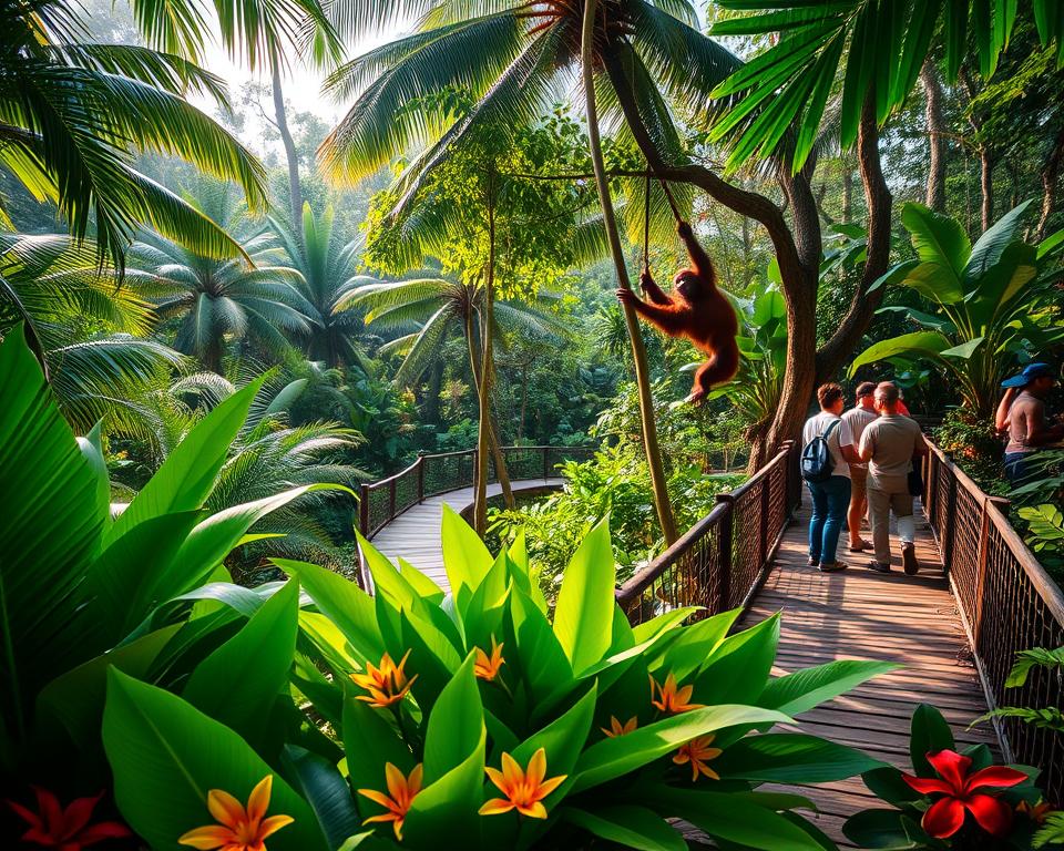 A lush tropical landscape at Sepilok, Malaysia, showcasing the natural habitat of orangutans. In the foreground, a vibrant array of green foliage, including palm trees and tropical flowers, creates a rich tapestry of colors. The middle ground features a serene wooden boardwalk winding through the lush greenery, with a group of people in modest casual clothing observing an orangutan swinging playfully from a nearby tree. In the background, gentle sunlight filters through the canopy, casting soft dappled light on the scene, enhancing the warm, inviting atmosphere. An overall sense of adventure and exploration is conveyed, capturing the unique attractions within the Sepilok complex. Use a wide-angle lens to emphasize the depth of the tropical forest, and aim for a balanced composition that highlights both the wildlife and visitors' experience.