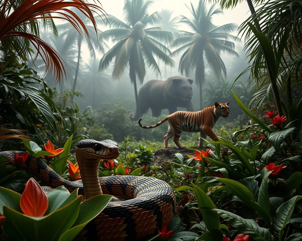 A lush, tropical landscape in Thailand, teeming with dangerous wildlife myths. In the foreground, a menacing yet captivating king cobra coiled among vibrant foliage, showcasing its striking patterns and fierce gaze. In the middle ground, a large, shadowy silhouette of a tiger moves stealthily through the underbrush, hinting at its predatory nature. In the background, a misty jungle environment, with tall palm trees and dense vegetation, creates a mysterious atmosphere. The lighting is soft and diffused, as if filtered through the thick canopy, casting dappled shadows on the scene. The overall mood is both enchanting and slightly ominous, evoking the myths and misunderstandings surrounding these fearsome creatures. Capture this scene with a wide-angle lens perspective to encompass the diversity of the wildlife and habitat. A lush, tropical landscape in Thailand, teeming with dangerous wildlife myths. In the foreground, a menacing yet captivating king cobra coiled among vibrant foliage, showcasing its striking patterns and fierce gaze. In the middle ground, a large, shadowy silhouette of a tiger moves stealthily through the underbrush, hinting at its predatory nature. In the background, a misty jungle environment, with tall palm trees and dense vegetation, creates a mysterious atmosphere. The lighting is soft and diffused, as if filtered through the thick canopy, casting dappled shadows on the scene. The overall mood is both enchanting and slightly ominous, evoking the myths and misunderstandings surrounding these fearsome creatures. Capture this scene with a wide-angle lens perspective to encompass the diversity of the wildlife and habitat.