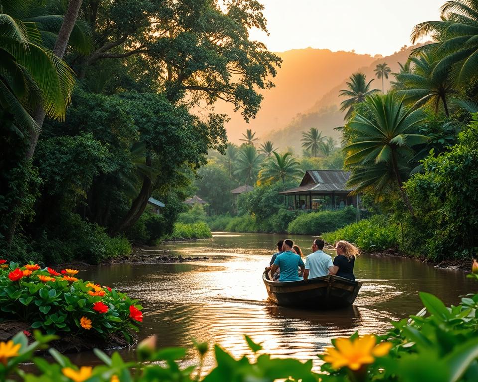 A lush, tropical landscape surrounding Sepilok, Malaysia, showcasing various excursion spots. In the foreground, a serene river meanders through dense greenery, with vibrant flowers and exotic plants lining the banks. The middle ground features a small wooden boat with tourists in modest casual clothing, observing the rich wildlife. Nearby, a glimpse of the iconic Sepilok Orangutan Rehabilitation Centre peeks through the trees, blending seamlessly into the environment. In the background, misty hills rise gently under a warm, golden hour light, casting a tranquil glow over the scene. The atmosphere is inviting and peaceful, reflecting the natural beauty and adventure awaiting travelers exploring the area. A soft focus enhances the depth of field, creating a dreamy texture that draws the viewer into this tropical paradise.