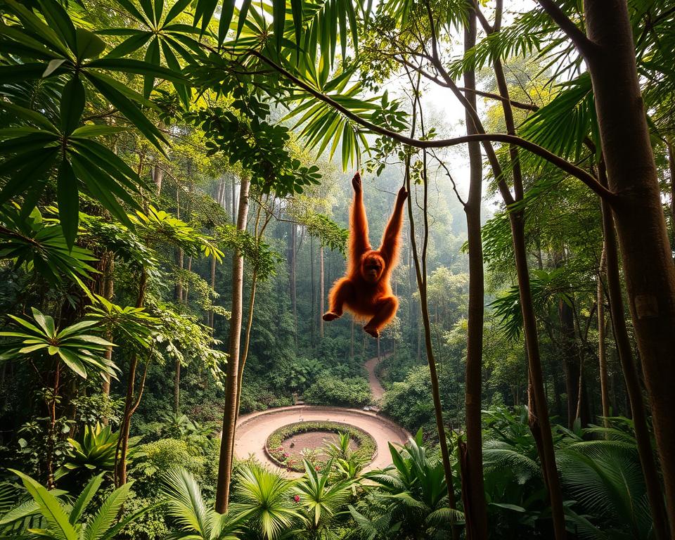 A lush tropical rainforest during Sabah's dry season in Malaysia, showcasing vibrant green foliage and tall trees with a hidden network of Orangutans in their natural habitat. In the foreground, an Orangutan swings gracefully from branch to branch, its orange fur contrasting with the deep green leaves. In the middle ground, a small clearing reveals a diverse array of tropical plants and flowers, while in the background, soft sunlight filters through the dense canopy, casting dappled light onto the forest floor. The atmosphere is serene and inviting, evoking the essence of adventure and exploration in a pristine ecosystem. The angle is slightly elevated, capturing the depth of the forest and the playful movements of the Orangutan. The mood is warm and tranquil, ideal for illustrating the best time to visit.