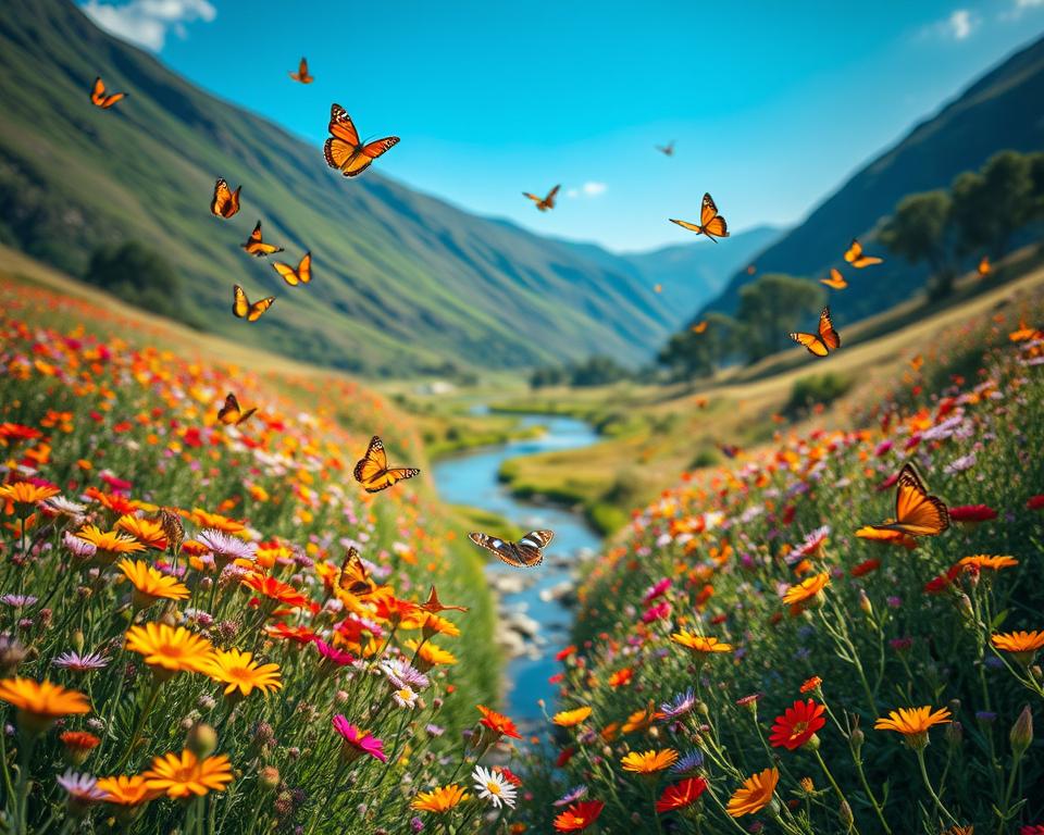 A lush valley filled with vibrant butterflies fluttering among colorful wildflowers, showcasing the magical landscape of Schmetterlingstal, Rhodes. In the foreground, a variety of butterflies in shades of orange, yellow, and blue dance around blooming blossoms, their delicate wings illuminated by warm sunlight. The middle ground features a serene stream winding through the valley, reflecting the azure sky above, while towering green hills frame the scene. In the background, the distant outline of ancient trees adds depth and a touch of mystery. The atmosphere is tranquil and enchanting, encouraging a sense of wonder. The image is captured with a soft focus effect, using natural light to enhance the warm colors and gentle textures, evoking a peaceful, idyllic mood.