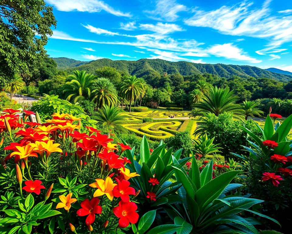 A lush, vibrant botanical garden in Madeira bursting with color during peak bloom. In the foreground, a variety of exotic flowers in bright reds, yellows, and purples, their petals glistening with morning dew. The middle ground features intricately arranged tropical plants, including banana trees and large-leaved ferns, creating a rich tapestry of green. In the background, gently rolling hills covered in dense vegetation, under a clear blue sky with wisps of white clouds. Soft, warm sunlight filters through the leaves, casting dappled shadows on the ground. The scene evokes a sense of tranquility and natural beauty, inviting viewers to immerse themselves in this floral paradise. Focus on a slightly elevated angle to capture the depth and vibrancy of the garden layout.