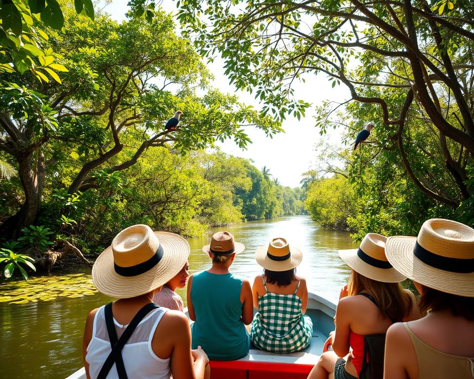 A lush, vibrant landscape of Tortuguero National Park in Costa Rica, showcasing a guided boat tour through winding waterways. In the foreground, a diverse group of tourists, wearing modest casual clothing and sun hats, attentively listening to a knowledgeable local guide. The middle ground features rich green mangroves and tropical foliage, with exotic birds perched on branches. The background reveals the shimmering water reflecting the dappled sunlight filtering through the canopy above, creating a serene atmosphere. The scene is captured at mid-morning, emphasizing warm, natural lighting that highlights the vivid colors of the environment. The perspective is slightly elevated, providing a panoramic view of this lush paradise, inviting viewers to explore the wonders of guided tours in nature.
