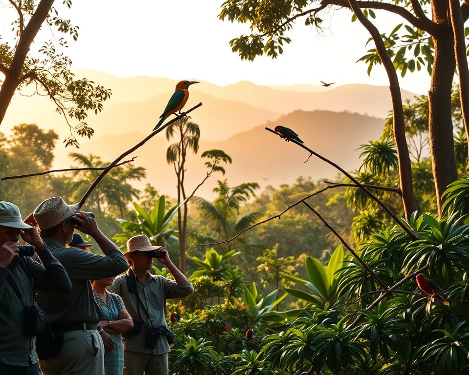 A lush, vibrant scene of birdwatching in Papua New Guinea, capturing the essence of its unique wildlife. In the foreground, a diverse group of birdwatchers dressed in modest, casual clothing, binoculars in hand, intently observing a brilliant Royal Flycatcher perched on a branch. The middle ground features a dense rainforest teeming with exotic plants and flowers. Parrots and an assortment of colorful birds flit through the trees, adding splashes of vivid color to the greenery. The background reveals misty mountains under soft, golden morning light, creating a serene and inviting atmosphere. The composition is framed by towering trees on either side, leading the viewer's eye deeper into the untouched wilderness. The overall mood is one of excitement and wonder, showcasing the rich biodiversity of this paradise.
