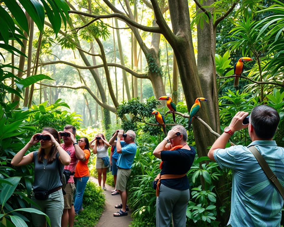 A lush, vibrant scene of the Tortuguero National Park in Costa Rica, showcasing the rich biodiversity of the rainforest. In the foreground, a diverse group of birdwatchers, dressed in casual outdoor clothing, are observing colorful tropical birds through binoculars. They stand quietly on a narrow, winding path surrounded by dense foliage. The middle-ground features exotic birds like toucans and parrots perched on branches, their bright plumage contrasting with the green foliage. In the background, towering trees bathed in soft, dappled sunlight filter through the dense canopy, creating a serene atmosphere. The mood is tranquil and immersive, inviting the viewer to experience the beauty and serenity of birdwatching in this tropical paradise. The image should have natural lighting with a slightly blurred background to emphasize the foreground activities.