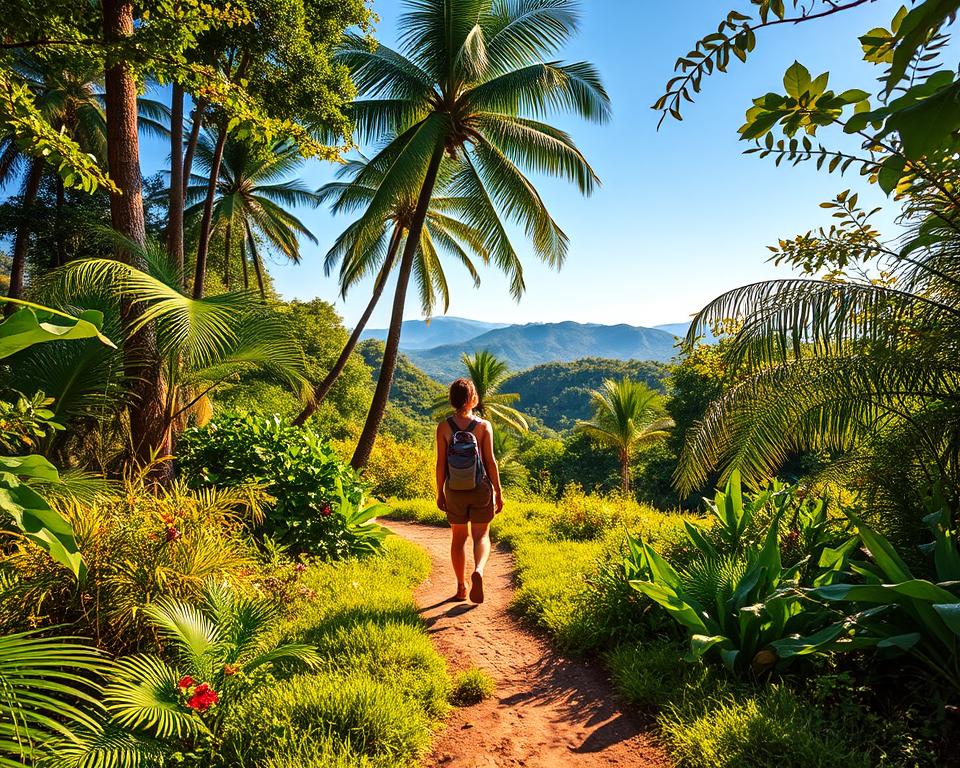 A lush, vibrant tropical landscape in Parque Nacional Natural Tayrona, Colombia. In the foreground, a winding, well-trodden hiking path lined with dense greenery, featuring tropical plants and scattered colorful flowers. Midground shows an enthusiastic hiker in modest casual clothing, looking up at towering palm trees and abundant foliage, warm sunlight filtering through leaves creating dappled light effects. The background features distant scenic hills gently rising against a clear blue sky, enhancing the sense of wilderness and adventure. The atmosphere is warm and inviting, evoking a sense of exploration and tranquility, capturing the essence of hiking in this rich, biodiverse environment. The image should be well-lit, focusing on the vibrant colors of the landscape.