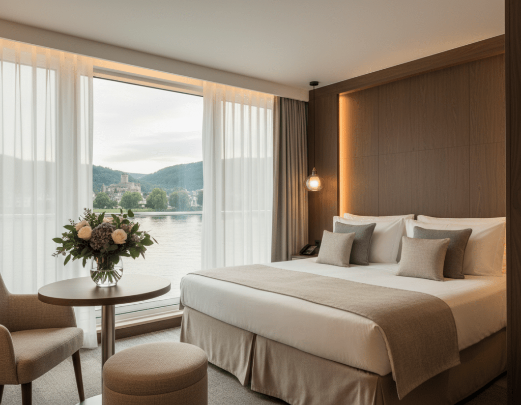 A luxurious Arosa cruise cabin interior showcases comfort and elegance. In the foreground, a spacious, tastefully decorated cabin with large windows offers stunning views of a river. Plush bedding in soft colors, stylish furniture, and a cozy seating area create an inviting atmosphere. In the middle, a warm, ambient light fills the room, highlighting textures and materials like wood and soft fabrics. A small table is adorned with a vessel of fresh flowers, emphasizing a personalized touch. In the background, gently flowing river scenery can be seen through the windows, framed by softly drawn curtains. The overall mood is serene and relaxing, perfect for unwinding after a day of exploration on Europe's beautiful waterways. Aim for a photographic realism with a slight soft focus, capturing the essence of luxury travel.