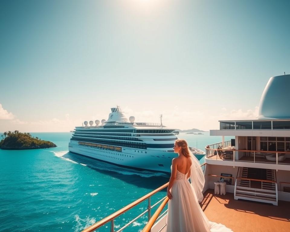 A luxurious cruise ship gliding through calm turquoise waters under a bright blue sky, surrounded by lush tropical islands. In the foreground, a couple dressed in elegant yet modest wedding attire stands on the ship's deck, enjoying a romantic moment with the ocean breeze in their hair. The middle layer features the cruise ship with large windows, sunbathing decks, and an inviting pool area, suggesting a lively atmosphere filled with joy and celebration. In the background, picturesque islands with palm trees and sandy beaches fade into the horizon. The sunlight casts a warm glow on the scene, creating a dreamy and enchanting ambiance, perfect for a honeymoon adventure. The angle captures the couple's connection and the grandeur of the cruise experience.