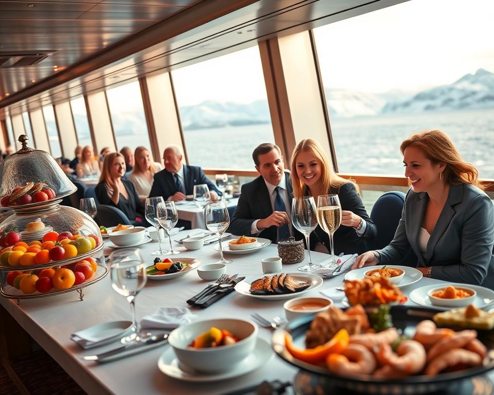 A luxurious dining setup on a cruise ship, showcasing elegant table settings with fine china, sparkling glassware, and gourmet dishes. In the foreground, a beautifully arranged buffet adorned with colorful fruits, fresh seafood, and exquisite desserts. In the middle ground, cheerful passengers in professional casual attire enjoying the meal, engaged in lively conversation, with a soft focus on their happy expressions. The background features large windows revealing stunning Arctic scenery, with icy blue waters and snow-capped mountains bathed in warm, golden sunlight. The atmosphere is inviting and cozy, creating a sense of indulgence and tranquility, captured with a soft depth of field and slightly elevated angle for a panoramic feel. A luxurious dining setup on a cruise ship, showcasing elegant table settings with fine china, sparkling glassware, and gourmet dishes. In the foreground, a beautifully arranged buffet adorned with colorful fruits, fresh seafood, and exquisite desserts. In the middle ground, cheerful passengers in professional casual attire enjoying the meal, engaged in lively conversation, with a soft focus on their happy expressions. The background features large windows revealing stunning Arctic scenery, with icy blue waters and snow-capped mountains bathed in warm, golden sunlight. The atmosphere is inviting and cozy, creating a sense of indulgence and tranquility, captured with a soft depth of field and slightly elevated angle for a panoramic feel.