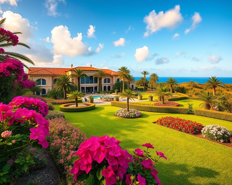 A luxurious hotel featuring stunning garden landscapes in Madeira during peak bloom season. In the foreground, manicured lawns with vibrant floral displays in full bloom, showcasing a variety of colorful flowers like bougainvillea and hydrangeas. In the middle ground, elegant hotel architecture with terracotta roofs and large windows, surrounded by lush green foliage and palm trees swaying gently in the breeze. In the background, the azure sky meets the horizon, with soft, fluffy clouds illuminated by warm sunlight. The setting conveys a tranquil, inviting atmosphere, perfect for relaxation. Natural lighting enhances the vivid colors of the flowers and greenery. The image is captured from a slightly elevated angle, providing a comprehensive view of the enchanting garden and hotel.