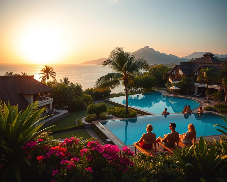 A luxurious resort on Pulau Langkawi, featuring elegant villas nestled among lush tropical foliage. In the foreground, showcase a beautifully manicured garden with vibrant flowers and palm trees. The middle ground reveals an infinity pool with crystal-clear water, overlooking the azure sea, while guests in modest casual attire enjoy relaxation. In the background, a stunning sunset casts warm golden light across the sky, with silhouetted mountains rising above the horizon. The atmosphere is serene and inviting, evoking a sense of tranquility and escape. Use soft lighting to enhance the dreamy quality of the scene, captured from a slightly elevated angle to emphasize the beauty of the surroundings. The mood is peaceful and luxurious, showcasing a perfect getaway.