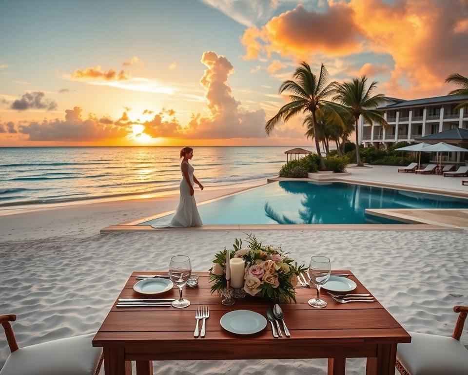 A luxurious wedding getaway with a stunning beach backdrop, featuring a couple dressed in elegant, modest wedding attire, standing hand-in-hand on a pristine white sand beach as the sun sets, casting a warm golden glow. In the foreground, a romantic wooden table set for two, adorned with fine china, crystal glasses, and lush floral arrangements. In the middle, gentle waves lap at the shore, with an infinity pool reflecting the vibrant colors of the sky. In the background, lush palm trees sway softly in the breeze and a serene, opulent resort is visible, creating an atmosphere of intimacy and luxury. Soft, diffused lighting enhances the dreamy quality of the scene, evoking emotional connection and celebration.