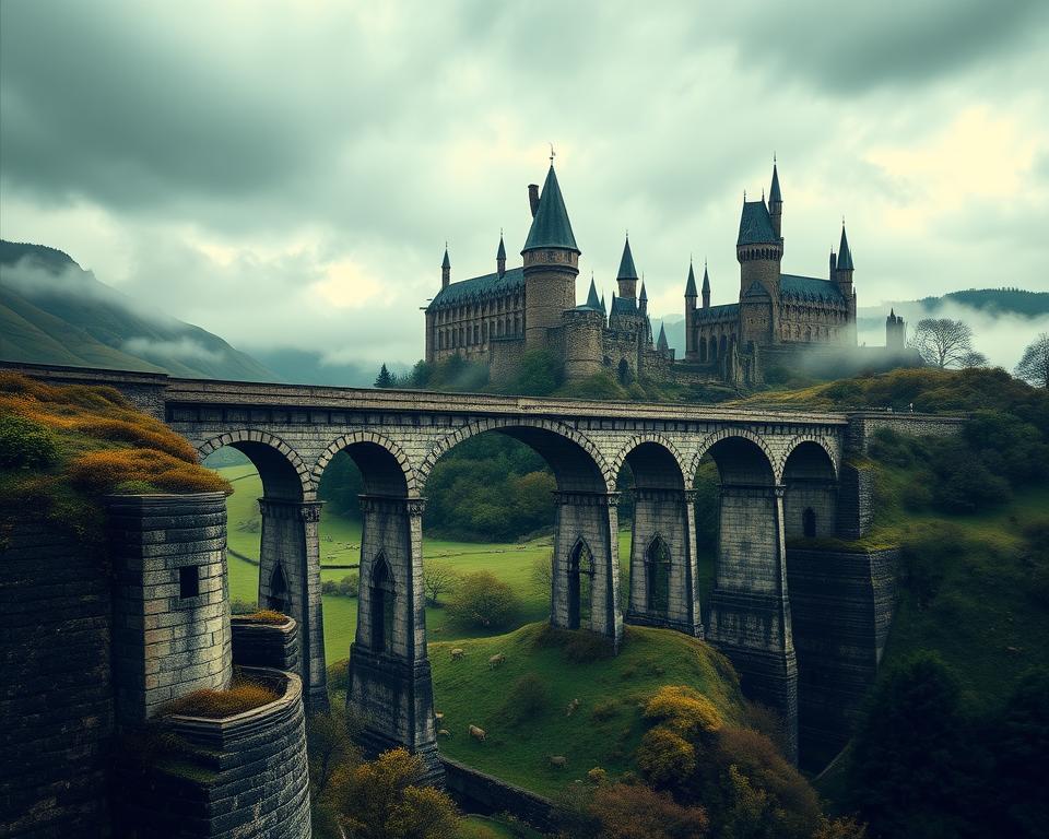 A magical landscape inspired by iconic Harry Potter filming locations in Great Britain. In the foreground, a vibrant, ancient stone bridge like the Glenfinnan Viaduct, with Hogwarts Castle in the background, its towers and turrets reaching into a moody sky. The middle ground features lush rolling hills dotted with whimsical creatures, while a gentle mist floats around the scene, enhancing the enchanting atmosphere. The lighting is soft and diffused, casting a warm glow that highlights the intricate stonework and the surrounding nature. Capture the essence of adventure and nostalgia, evoking a sense of wonder, as if stepping into the wizarding world. Use a wide-angle lens to convey grandeur and depth.