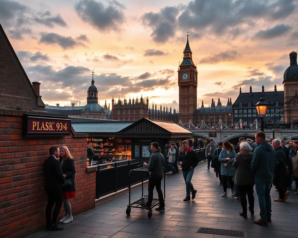 A magical scene of iconic Harry Potter filming locations in London, showcasing platform 9¾ with its brick wall and luggage cart in the foreground, surrounded by curious onlookers dressed in modest casual clothing. In the middle ground, the historic King's Cross Station can be seen, bustling with activity and adorned with enchanting decorations, hinting at its cinematic significance. The background features a view of the famous London skyline with Big Ben and the Houses of Parliament under a dramatic twilight sky, casting a warm golden hue over the scene. Soft lighting illuminates the atmosphere, enhancing the magical essence of this metropolitan setting, inviting viewers into the enchanting world of Harry Potter. Capture this moment from a slight low angle to emphasize the grandeur of the architecture.