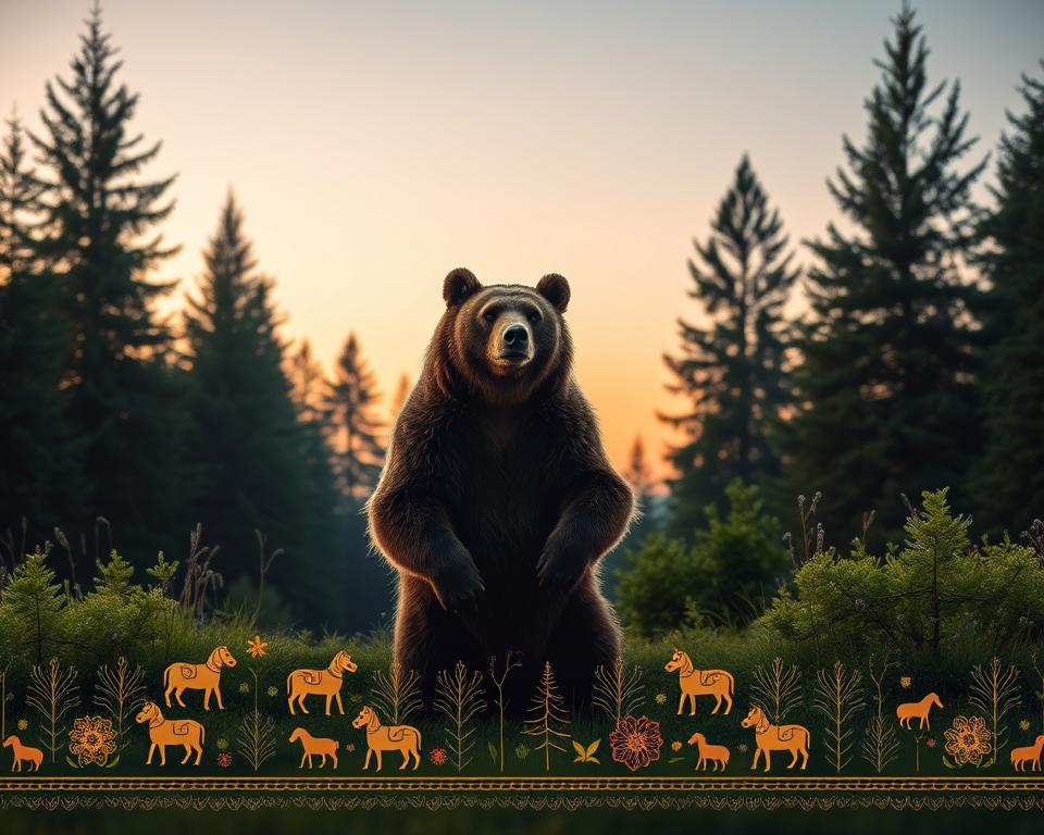 A majestic bear stands prominently in a serene Swedish forest, symbolizing the cultural significance of bears in Sweden. In the foreground, the bear is depicted in a powerful stance with lush greenery surrounding it, capturing its strength and connection to nature. In the middle ground, traditional Swedish symbols, such as Dala horses and folk art patterns, subtly weave into the landscape, representing the cultural ties to the animal. The background features softly lit, towering pine trees under a tranquil twilight sky, casting gentle shadows that enhance the peaceful atmosphere. The lighting is warm and inviting, evoking a sense of reverence and admiration for the bear as an emblem of Swedish heritage. The composition is framed with a slightly wide-angle lens to convey depth and richness, allowing viewers to appreciate the intricate details of both the bear and its environment. A majestic bear stands prominently in a serene Swedish forest, symbolizing the cultural significance of bears in Sweden. In the foreground, the bear is depicted in a powerful stance with lush greenery surrounding it, capturing its strength and connection to nature. In the middle ground, traditional Swedish symbols, such as Dala horses and folk art patterns, subtly weave into the landscape, representing the cultural ties to the animal. The background features softly lit, towering pine trees under a tranquil twilight sky, casting gentle shadows that enhance the peaceful atmosphere. The lighting is warm and inviting, evoking a sense of reverence and admiration for the bear as an emblem of Swedish heritage. The composition is framed with a slightly wide-angle lens to convey depth and richness, allowing viewers to appreciate the intricate details of both the bear and its environment.