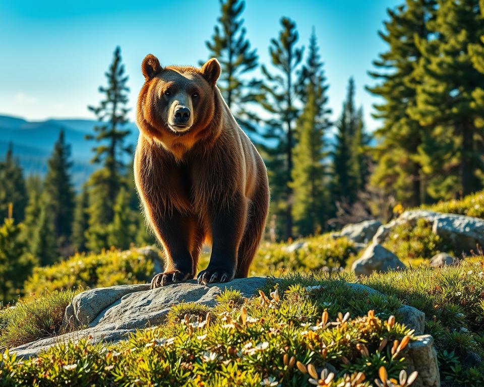 A majestic brown bear in the heart of the Swedish wilderness, standing on a rocky outcrop surrounded by lush green forests and delicate wildflowers. In the foreground, the bear's powerful stance is highlighted, showcasing its thick fur and muscular build, while water droplets glisten on its coat as it gazes intently towards the viewer. In the middle ground, patches of vibrant underbrush and tall pines create a natural habitat, with sunlight filtering through the trees, casting dappled shadows on the forest floor. The background features a soft blur of distant mountains under a clear blue sky, completing the tranquil yet wild atmosphere of the scene. The lighting is warm and inviting, evoking a sense of peace and harmony in nature. A majestic brown bear in the heart of the Swedish wilderness, standing on a rocky outcrop surrounded by lush green forests and delicate wildflowers. In the foreground, the bear's powerful stance is highlighted, showcasing its thick fur and muscular build, while water droplets glisten on its coat as it gazes intently towards the viewer. In the middle ground, patches of vibrant underbrush and tall pines create a natural habitat, with sunlight filtering through the trees, casting dappled shadows on the forest floor. The background features a soft blur of distant mountains under a clear blue sky, completing the tranquil yet wild atmosphere of the scene. The lighting is warm and inviting, evoking a sense of peace and harmony in nature.