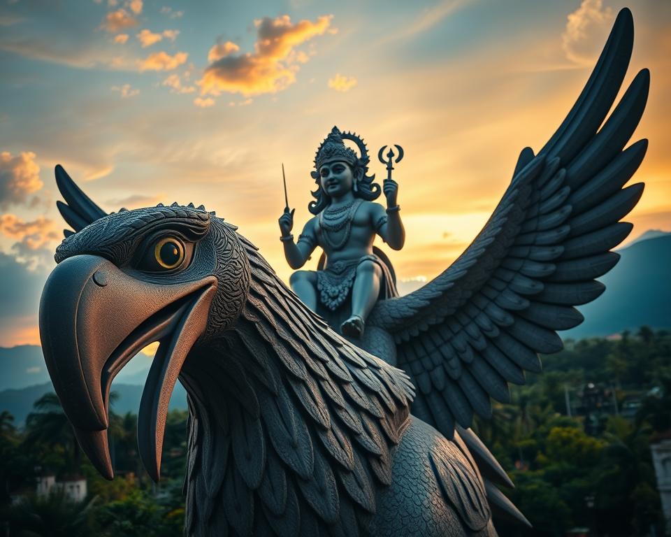 A majestic depiction of the Garuda Wisnu Kencana, a monumental statue symbolizing Lord Vishnu riding the mythical bird Garuda, set against a dramatic sky at dusk. In the foreground, the intricately carved features of Garuda's face showcase fierce determination and grace, while detailed textures of feathers reflect soft, warm lighting. The middle ground features Lord Vishnu in ornate armor, holding a discus and conch, exuding an aura of power and serenity. The background showcases lush tropical landscapes of Bali, with hints of distant mountains, bathed in the golden hues of sunset. The atmosphere is enchanting and tranquil, creating a sense of reverence and awe. The composition is captured with a wide-angle lens, emphasizing the grandeur of the statue against the natural beauty surrounding it. A majestic depiction of the Garuda Wisnu Kencana, a monumental statue symbolizing Lord Vishnu riding the mythical bird Garuda, set against a dramatic sky at dusk. In the foreground, the intricately carved features of Garuda's face showcase fierce determination and grace, while detailed textures of feathers reflect soft, warm lighting. The middle ground features Lord Vishnu in ornate armor, holding a discus and conch, exuding an aura of power and serenity. The background showcases lush tropical landscapes of Bali, with hints of distant mountains, bathed in the golden hues of sunset. The atmosphere is enchanting and tranquil, creating a sense of reverence and awe. The composition is captured with a wide-angle lens, emphasizing the grandeur of the statue against the natural beauty surrounding it.