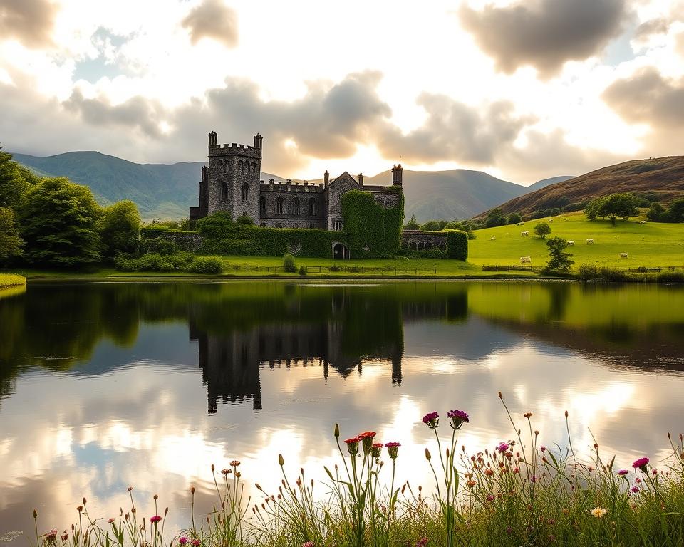 A majestic view of Kylemore Abbey set in the stunning Connemara landscape. In the foreground, a reflective lake mirrors the abbey's intricate Gothic architecture and turrets, surrounded by lush green foliage and wildflowers. The middle ground features the abbey itself—constructed of dark stone with vibrant ivy climbing its walls, framed by rolling hills dotted with grazing sheep. In the background, a dramatic sky fills with soft, golden sunlight breaking through fluffy white clouds, enhancing the ethereal atmosphere of the scene. The image is captured from a slightly elevated angle to emphasize the harmony between the abbey and its natural surroundings, evoking a sense of serenity and historical grandeur.