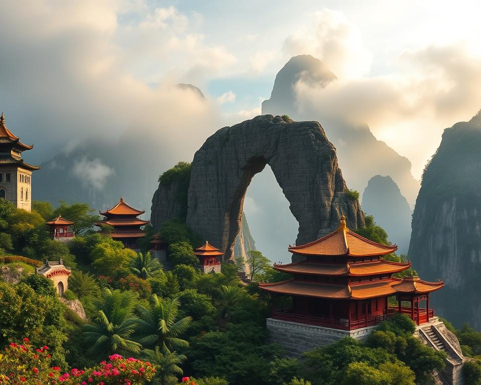 A majestic view of Tianmen Mountain, showcasing its iconic natural arch in the foreground, surrounded by lush greenery and rich, vibrant flora. The middle ground features traditional Chinese architecture, like pagodas and temples, harmoniously integrated into the landscape. In the background, towering cliffs rise shrouded in mystical mist, creating an ethereal atmosphere. Soft, diffused sunlight filters through the clouds, casting a warm golden glow over the scene, enhancing the spiritual ambiance. The setting evokes a sense of tranquility and reverence, ideal for exploring the rich myths and culture associated with Tianmen Mountain. The angle captures the grandeur of the mountain while emphasizing the intricate details of the foreground architecture. The overall mood is serene and enchanting, inviting viewers to immerse themselves in the beauty and spirituality of this sacred site.