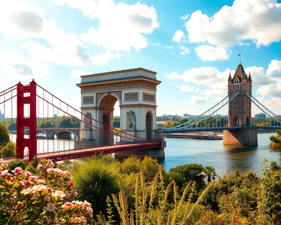 A majestic view of several famous historical bridges from around the world, nestled within a lush green landscape. In the foreground, a detailed depiction of the Golden Gate Bridge, gleaming in the warm sunlight, surrounded by blooming flowers. The middle ground features the elegant Arc de Triomphe Bridge and the iconic Tower Bridge, showcasing architectural details and vibrant colors. In the background, a serene river flows under the bridges, with soft reflections of the structures shimmering on the water's surface. The sky is bright blue with scattered fluffy clouds, creating an uplifting atmosphere. The lighting is warm and inviting, capturing the essence of legendary tales and pivotal moments associated with these monumental bridges. The composition is framed with a slight panoramic angle, emphasizing the grandeur of these landmarks and their histories.