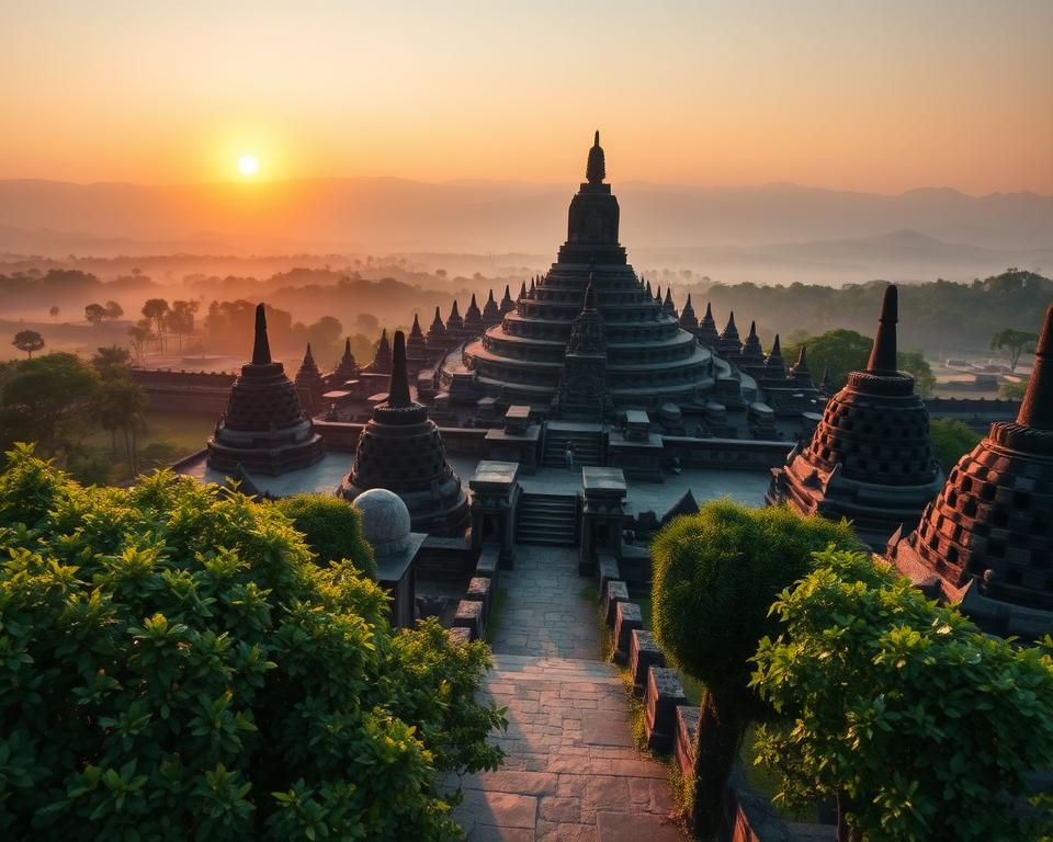 A majestic view of the Borobudur Temple in Indonesia during sunrise, capturing the intricate stone carvings and stupas in detail. In the foreground, lush greenery envelops stone pathways leading to the temple. The middle ground features the temple's magnificent tiers, showcasing the stupas and relief panels illuminated by soft golden light. The background reveals the misty outlines of distant mountains, adding depth and serenity to the scene. The atmosphere is tranquil and reverent, inviting exploration and reflection. The image is composed at a slightly elevated angle, resembling a bird's-eye view, with warm, natural colors enhancing the iconic architectural beauty of Borobudur.