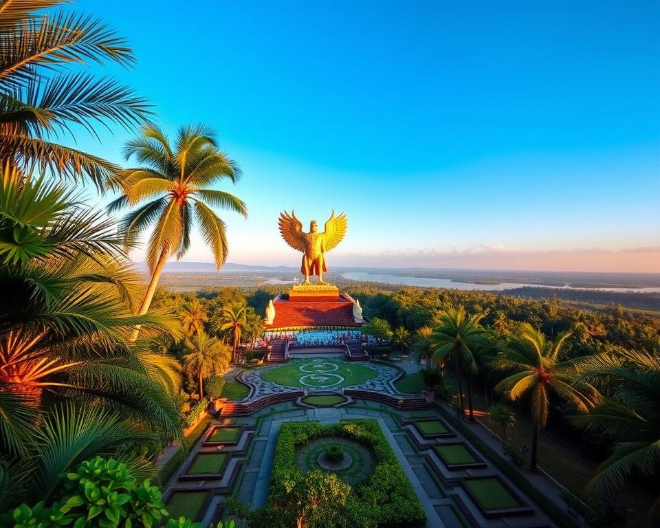 A majestic view of the Garuda Wisnu Kencana Cultural Park, showcasing the colossal statue of Lord Vishnu riding the mythical Garuda. In the foreground, lush tropical greenery surrounds the intricately designed pathways leading to the statue, inviting visitors to explore. The middle ground features the impressive statue, capturing the details of Vishnu's attire and Garuda's wings, both bathed in golden sunlight. The background reveals a serene Balinese landscape with distant hills under a clear blue sky. The scene is illuminated by soft, warm lighting, evoking a sense of reverence and awe. The perspective is slightly low-angle, emphasizing the grandeur of the statue while maintaining a tranquil atmosphere. No human figures are present in the image, ensuring a focus on the architectural beauty and cultural significance of the park. A majestic view of the Garuda Wisnu Kencana Cultural Park, showcasing the colossal statue of Lord Vishnu riding the mythical Garuda. In the foreground, lush tropical greenery surrounds the intricately designed pathways leading to the statue, inviting visitors to explore. The middle ground features the impressive statue, capturing the details of Vishnu's attire and Garuda's wings, both bathed in golden sunlight. The background reveals a serene Balinese landscape with distant hills under a clear blue sky. The scene is illuminated by soft, warm lighting, evoking a sense of reverence and awe. The perspective is slightly low-angle, emphasizing the grandeur of the statue while maintaining a tranquil atmosphere. No human figures are present in the image, ensuring a focus on the architectural beauty and cultural significance of the park.