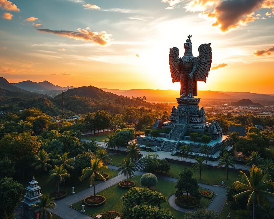 A majestic view of the Garuda Wisnu Kencana Statue, towering at 120 meters, depicted in the foreground with intricate details showcasing its elaborate carvings of the mythical Garuda bird and Lord Vishnu. The statue stands strong against a vibrant sunset sky, casting a golden hue over its intricate textures. In the middle ground, lush green landscapes of the cultural park surround the statue, filled with tropical trees, blooming flowers, and well-maintained paths. The background features distant hills bathed in soft light, adding depth to the scene. Use a wide-angle lens perspective to convey the grandeur of the monument, while soft rays of sunlight illuminate the statue, creating a serene and awe-inspiring atmosphere, capturing the essence of Balinese culture and spirituality. A majestic view of the Garuda Wisnu Kencana Statue, towering at 120 meters, depicted in the foreground with intricate details showcasing its elaborate carvings of the mythical Garuda bird and Lord Vishnu. The statue stands strong against a vibrant sunset sky, casting a golden hue over its intricate textures. In the middle ground, lush green landscapes of the cultural park surround the statue, filled with tropical trees, blooming flowers, and well-maintained paths. The background features distant hills bathed in soft light, adding depth to the scene. Use a wide-angle lens perspective to convey the grandeur of the monument, while soft rays of sunlight illuminate the statue, creating a serene and awe-inspiring atmosphere, capturing the essence of Balinese culture and spirituality.