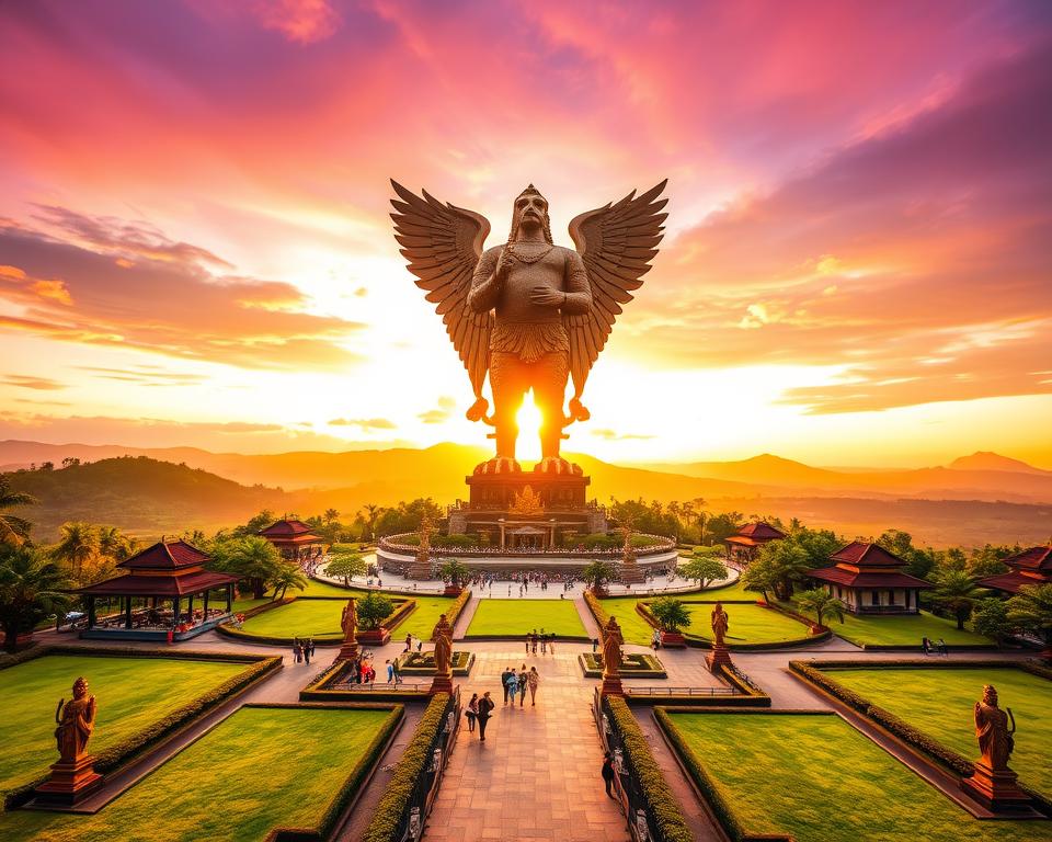 A majestic view of the Garuda Wisnu Kencana statue, towering at 120 meters in height, showcasing intricate details of the legendary figure Garuda and the god Vishnu, beautifully carved from copper and brass. In the foreground, vibrant green lawns and well-maintained landscaping invite visitors, while cultural sculptures and traditional Balinese architecture surround the path leading to the statue. The middle ground features the statue itself, illuminated by warm, golden sunlight during sunset, casting a serene glow. In the background, distant hills frame the scene, enhancing the grandeur of the monument against a painted sky of purples and oranges. The atmosphere is tranquil yet awe-inspiring, emphasizing the cultural significance and historical context of this monumental project. A majestic view of the Garuda Wisnu Kencana statue, towering at 120 meters in height, showcasing intricate details of the legendary figure Garuda and the god Vishnu, beautifully carved from copper and brass. In the foreground, vibrant green lawns and well-maintained landscaping invite visitors, while cultural sculptures and traditional Balinese architecture surround the path leading to the statue. The middle ground features the statue itself, illuminated by warm, golden sunlight during sunset, casting a serene glow. In the background, distant hills frame the scene, enhancing the grandeur of the monument against a painted sky of purples and oranges. The atmosphere is tranquil yet awe-inspiring, emphasizing the cultural significance and historical context of this monumental project.