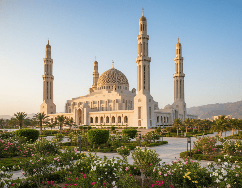 A majestic view of the Great Sultan Qaboos Mosque in Muscat, Oman, during golden hour, with warm sunlight illuminating its stunning white marble exterior and intricate geometric patterns. In the foreground, a serene garden with lush greenery and blooming flowers leads the viewer's eye toward the mosque. In the middle, the mosque's impressive dome and minarets rise prominently against a clear blue sky. In the background, soft distant mountains add depth to the scene. Capture the tranquillity of the atmosphere with a gentle breeze rustling through the trees and shadows cast by the setting sun. Use a wide-angle lens to emphasize the grandeur of the mosque and create an inviting, peaceful mood, ideal for a section discussing visiting hours and the best times to visit.