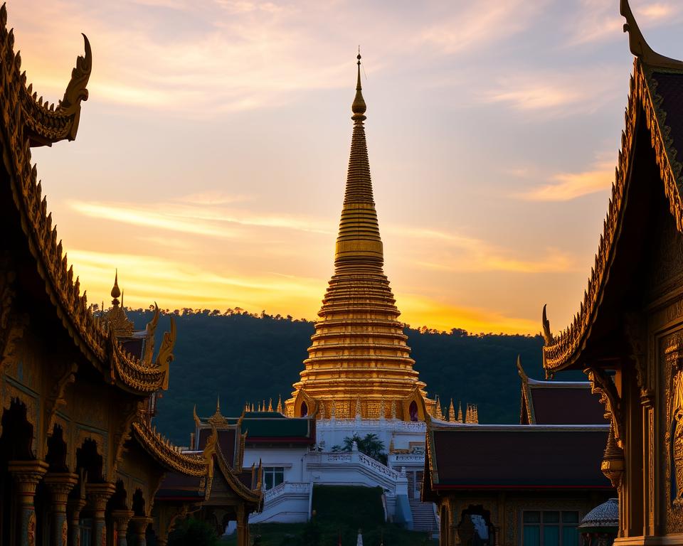 A majestic view of the golden Chedi at Wat Phra That Doi Suthep in Thailand, captured during the soft glow of sunset. In the foreground, intricately detailed temple architecture features ornate carvings and vibrant colors, adorned with traditional Thai motifs. The Chedi, a towering structure covered in gleaming gold leaf, stands majestically, reflecting warm light. In the middle ground, lush green hills envelop the temple, enhancing its serene atmosphere. The background showcases a clear, dusky sky transitioning from bright orange to deep blue, with wispy clouds adding depth. The scene conveys a sense of peace and spirituality, inviting viewers to explore its architectural beauty and rich symbolism.