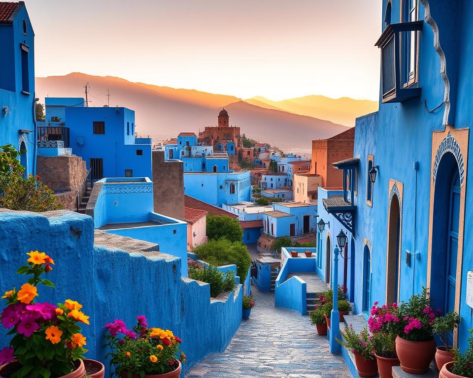 A mesmerizing view of Chefchaouen, the blue city of Morocco, showcasing its iconic blue-painted buildings nestled on the hillside. In the foreground, vibrant flower pots overflowing with colorful blooms add a touch of life and contrast against the blue walls. The middle ground features the winding, narrow streets leading up to the famous Kasbah, accentuated by the distinctively ornate doorways and balconies that reflect Moroccan architecture. In the background, majestic mountains with soft, golden sunlight casting gentle shadows create a serene atmosphere. The image is lit during the golden hour, with a warm, inviting glow enhancing the deep blues of the city. This scene encapsulates the charm and tranquility of Chefchaouen, inviting viewers to explore its picturesque beauty.