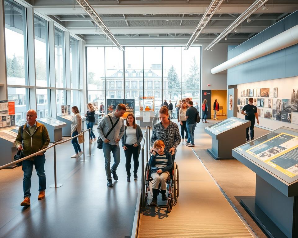 A modern, accessible museum interior showcasing the "Mühlenmuseum Gifhorn," designed for comfort and inclusivity. In the foreground, a family of diverse individuals interacts with exhibits, highlighting barriers-free navigation, with wide pathways and ramps. In the middle ground, various interactive displays and informational panels can be seen, all thoughtfully arranged to accommodate visitors of all abilities. The background features large windows allowing natural light to fill the space, creating a warm and inviting atmosphere. Soft lighting enhances the bright colors of the exhibits and promotes a sense of calm and engagement. The scene should reflect a harmonious blend of education and comfort, emphasizing accessibility in a professional and welcoming environment.