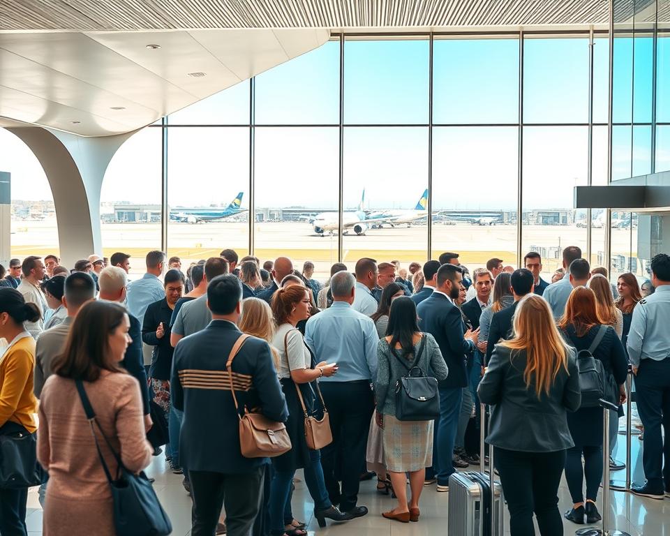 A modern, bustling airport scene in Buenos Aires, showcasing the security check area. In the foreground, a diverse group of travelers in professional attire and modest casual clothing stands in line, showing a mix of anticipation and calmness. The security personnel, dressed in uniforms, interact politely with passengers, scanning bags and checking identification. In the middle ground, a sleek, contemporary architecture of the terminal building is visible, with bright, natural lighting streaming through large glass windows. The background features a glimpse of planes at the runway and clear blue skies, enhancing the sense of safe travel. The overall mood is organized and welcoming, portraying an efficient transfer experience that emphasizes safety and ease of arrival.